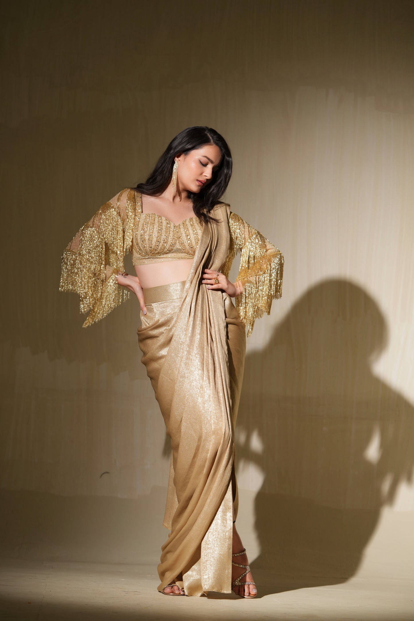 Champagne Gold drape saree