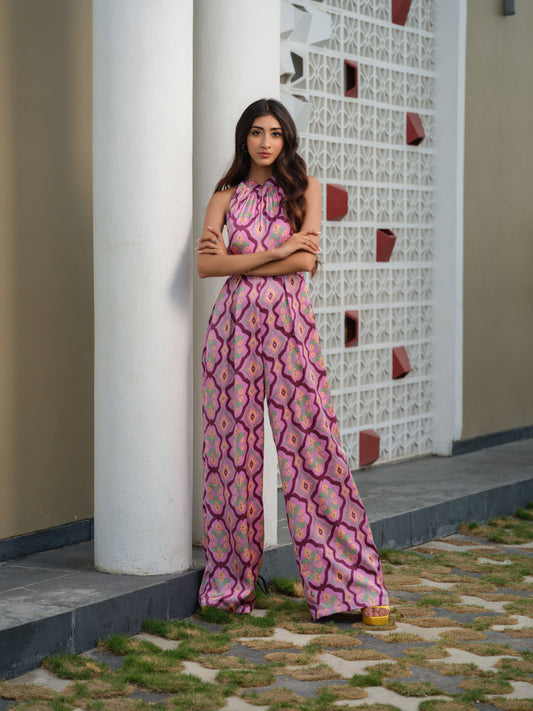 Purple Printed Halter neck jumpsuit