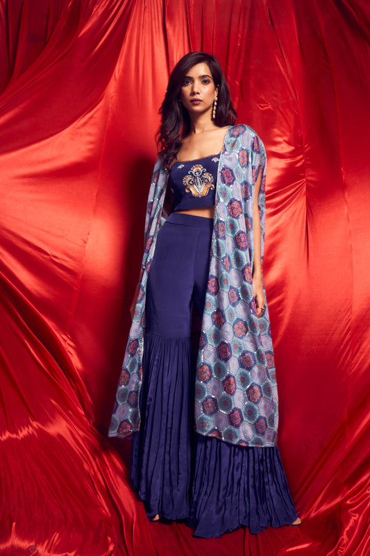 Royal Blue Sharara set with cape