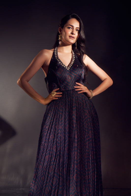 Navy Blue Bandhani Anarkali Set