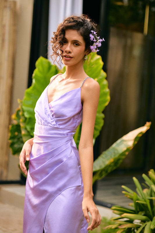 French lilac satin slip dress