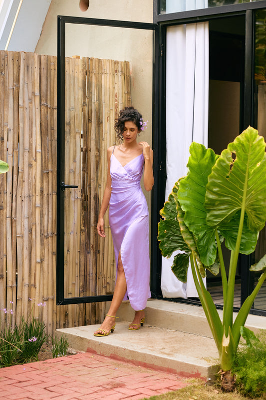 French lilac satin slip dress