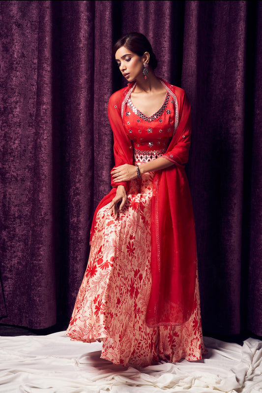 Crimson Red Floral Lehenga Set