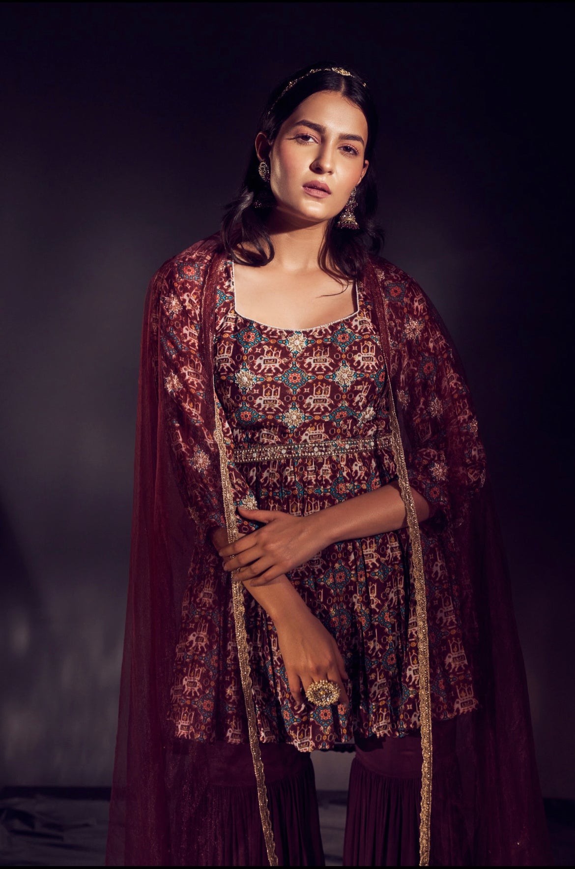 Elephant Print Marsala Colour Sharara Set