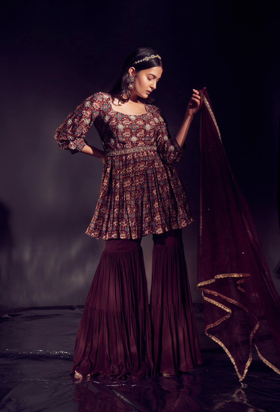 Elephant Print Marsala Colour Sharara Set