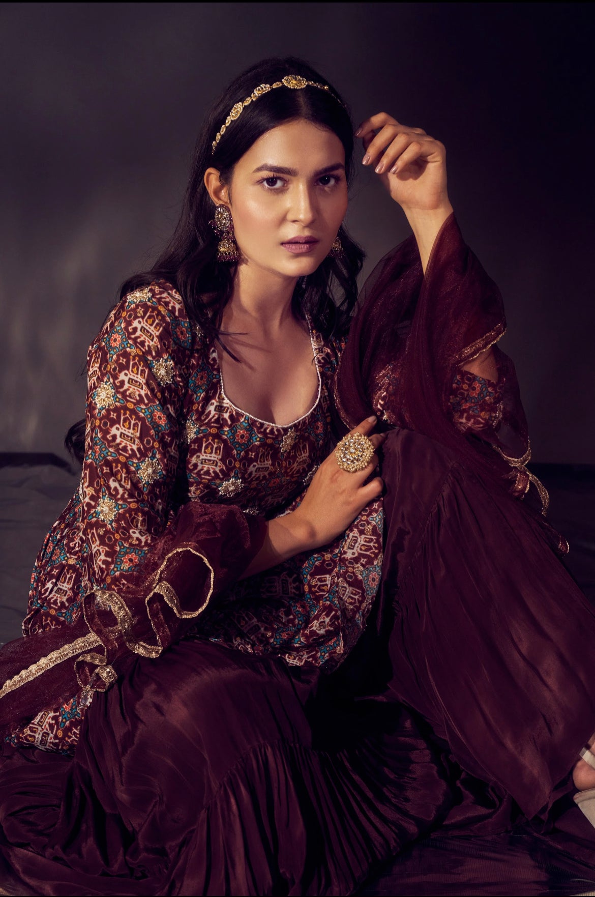 Elephant Print Marsala Colour Sharara Set