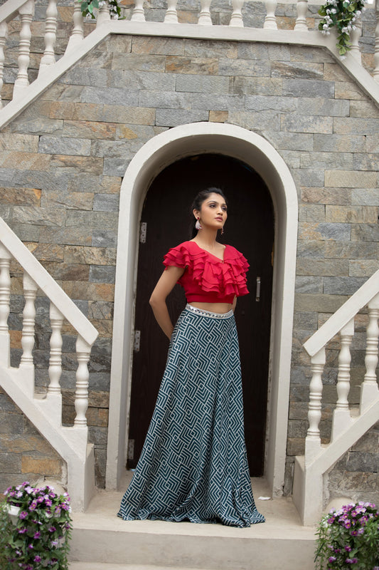 Red crop top with green skirt