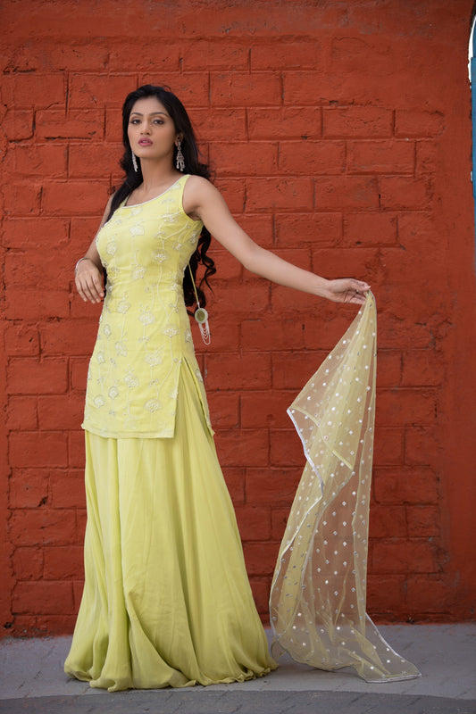 Lemon green sharara set (net with gota work & border)