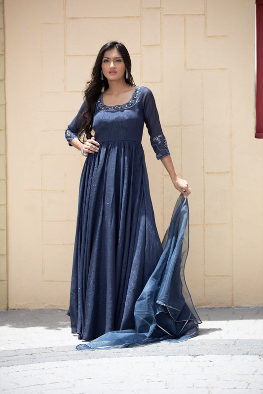 Dark blue anarkali suit with duppata