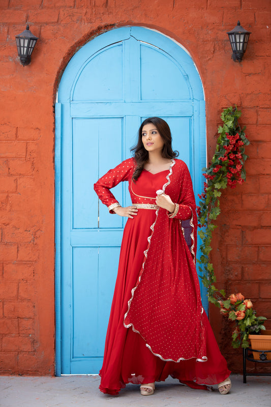 Red Anarkali suit set with duppata