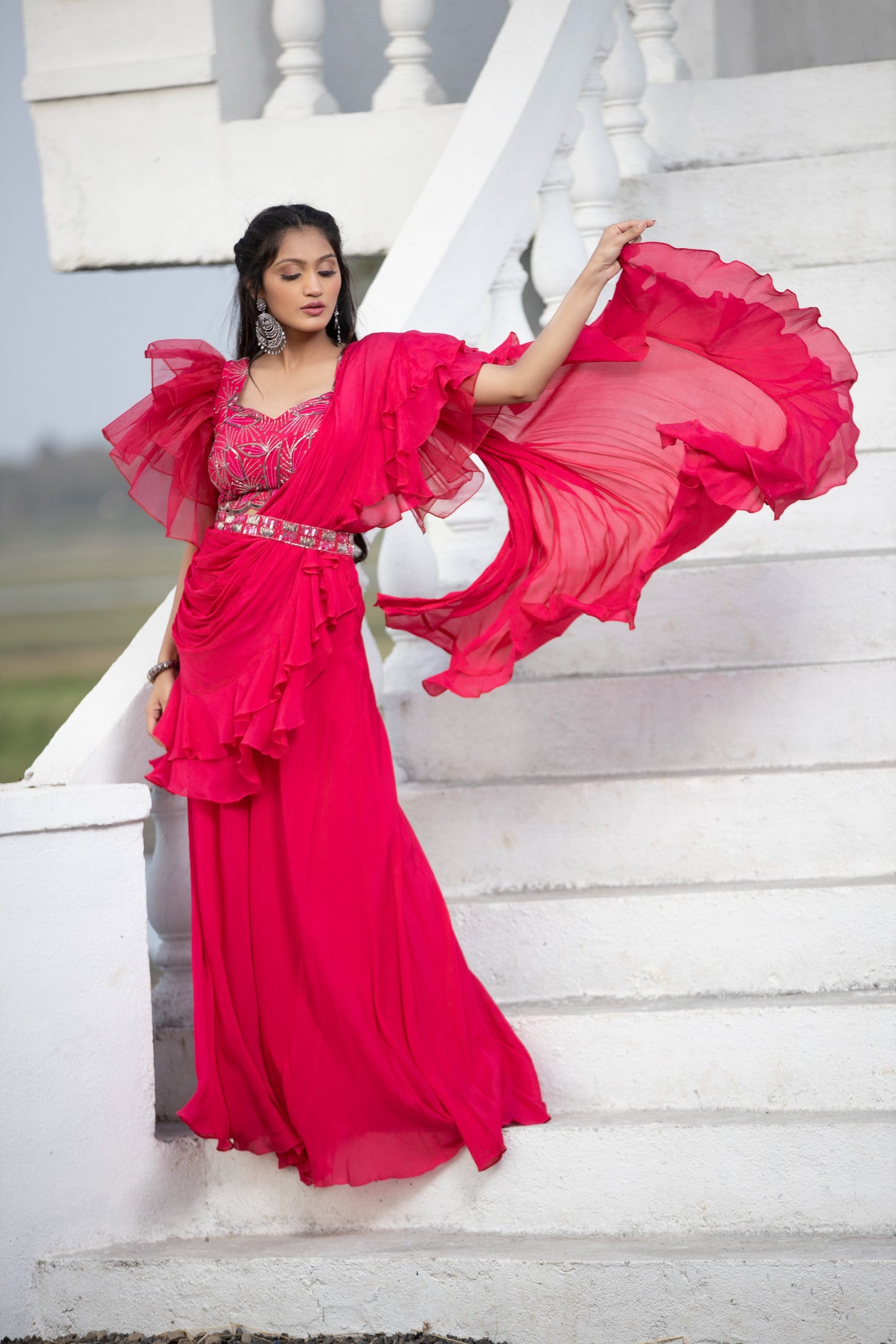 Hot pink ruffle sharara saree with detachable belt