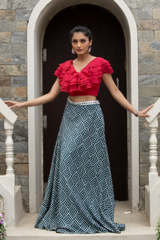 Red crop top with green skirt